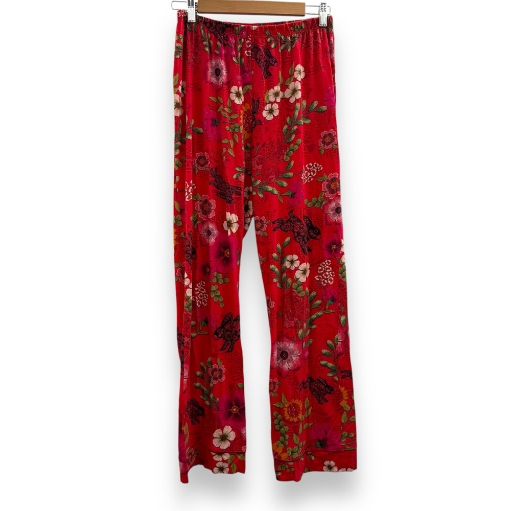 Johnny Was Pants Women's Sz Small Red Floral Rabbit Print High Rise Straight Leg